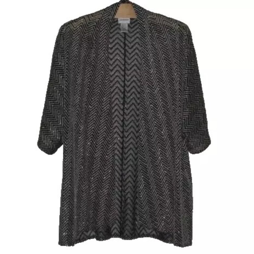 Chicos Size 2 L Open Cardigan Ruana Wrap Sweater Black Gold Metallic Excellent - Picture 1 of 10